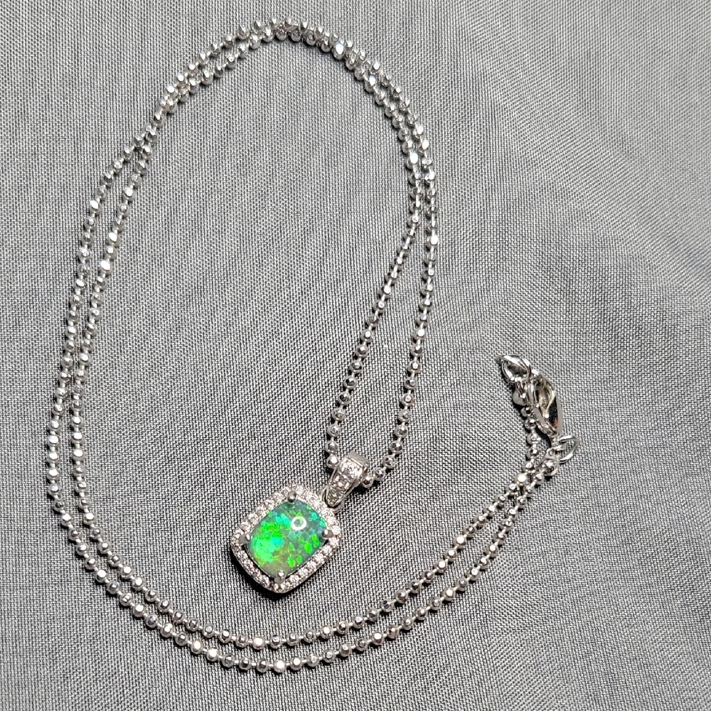 Small Bright Green Opalescent Stone W/ Pavè Halo On Delicate Silver Ball Chain
